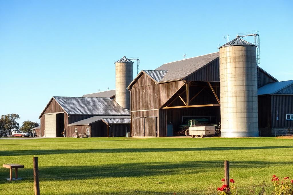 Lantbruksbyggnader med silo och maskinhall